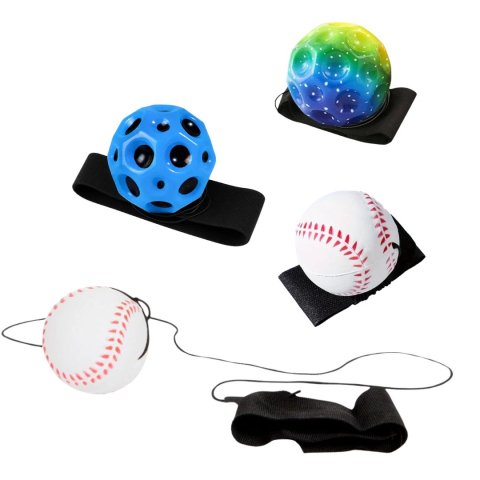 JOCURI ȘI JUCĂRII - Set 4 mingi cu elastic si bratara pentru mana, 2 model baseball alb-rosu, Space Moon Ball albastra si verde multicolor, 66 mm
