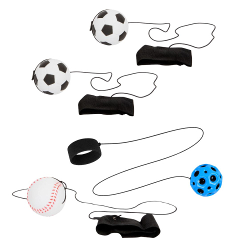 JOCURI ȘI JUCĂRII - Set 4 mingi elastice cu revenire automata, 2 model fotbal alb-negru, baseball alb-rosu si Space Moon Ball albastra, 66 mm, antistres pentru copii si adulti