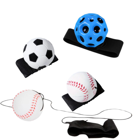 JOCURI ȘI JUCĂRII - Set 4 mingi hiperelastice mixte, 2 model baseball alb-rosu, fotbal alb-negru si Space Moon Ball albastra, 66 mm, pentru coordonare si atentie