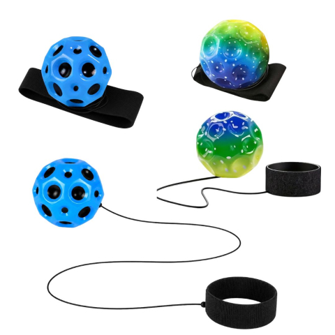 JOCURI ȘI JUCĂRII - Set 4 mingi hiperelastice Space Moon Ball, 2 albastre si 2 verzi multicolor, 66 mm, joc activ pentru atentie, reflexe si coordonare