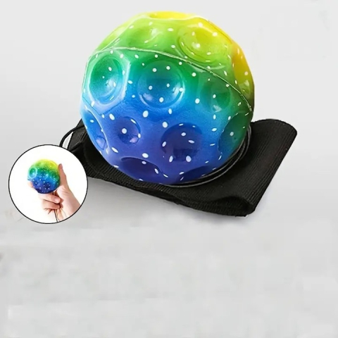 Set 4 mingi saltarete hiperelastice Space Moon Ball cu bratara pentru incheietura, verde multicolor, antistres, 66 mm, pentru coordonare si reflexe [4]