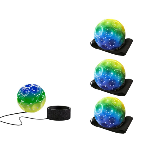 JOCURI ȘI JUCĂRII - Set 4 mingi saltarete hiperelastice Space Moon Ball cu bratara pentru incheietura, verde multicolor, antistres, 66 mm, pentru coordonare si reflexe