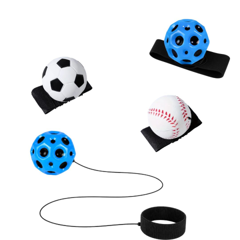 JOCURI ȘI JUCĂRII - Set 4 mingi saltarete pentru reflexe si coordonare, 2 Space Moon Ball albastre, model fotbal alb-negru si baseball alb-rosu, 66 mm