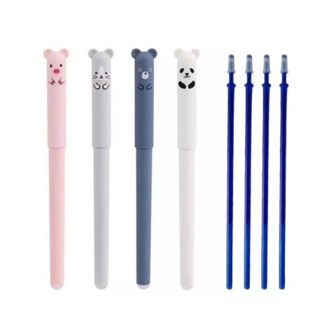 MAMA ȘI COPILUL - Set 4 pixuri cu cerneala albastra, functie de stergere, model cu animalute, grosime scriere 0.35 mm, multicolor, 14.5x1.5 cm, 4 rezerve incluse