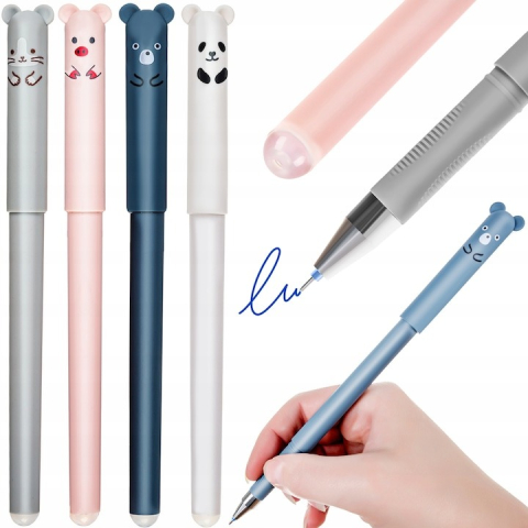 Set 4 pixuri cu cerneala albastra, functie de stergere, model cu animalute, grosime scriere 0.35 mm, multicolor, 14.5x1.5 cm, 4 rezerve incluse [8]