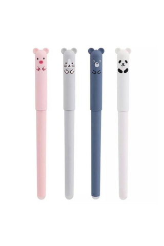 Set 4 pixuri cu cerneala albastra, functie de stergere, model cu animalute, grosime scriere 0.35 mm, multicolor, 14.5x1.5 cm, 8 rezerve incluse [1]