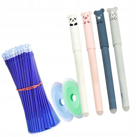 JOCURI ȘI JUCĂRII - Set 4 pixuri scrie-sterge cu modele de animalute, 20 rezerve si 2 radiere – scriere fara griji, perfect pentru scoala si birou