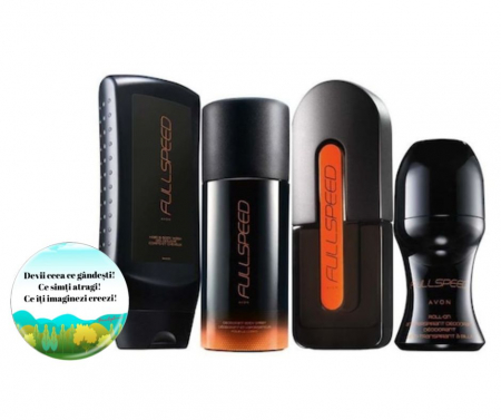 Pungi cadou - Set 4 produse Full Speed, Avon- Apa de toaleta 75 ml, Gel de dus 250ml, Spray 150ml si Roll-on 50ml si insigna Dactylion cu mesaj motivational