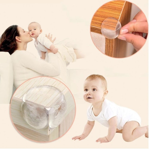 Set 4 protectii pentru colturi mobilier, rotunde, silicon moale, adeziv inclus, pentru siguranta copiilor, transparent [2]