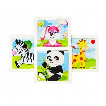 Jucării educative - Set 4 puzzle din lemn pentru copii, 36 piese, iepure, zebra, girafa, panda - Multicolor
