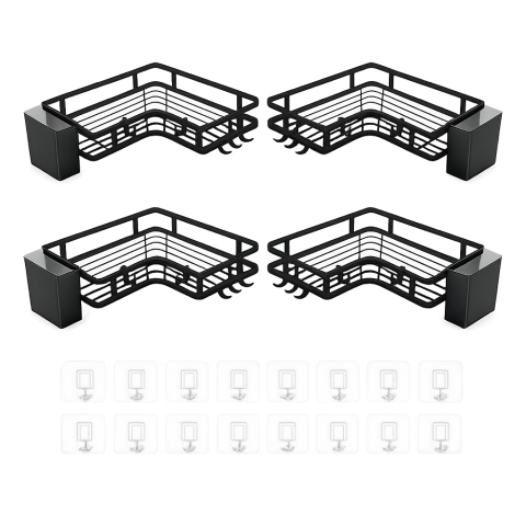 Set 4 rafturi de colt autoadezive pentru baie si bucatarie, suport metalic cu carlige si recipient detasabil, 24.8 x 24.8 x 5 cm, negru [2]