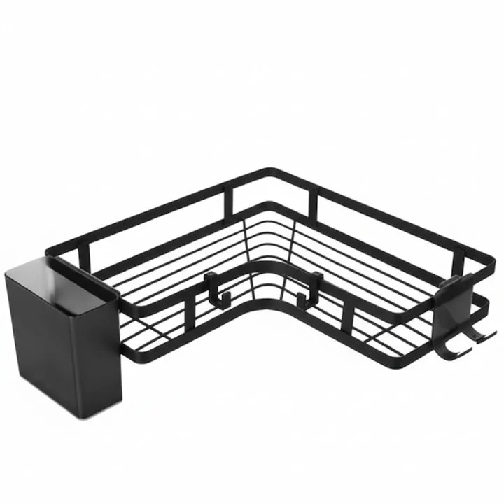 Set 4 rafturi de colt autoadezive pentru baie si bucatarie, suport metalic cu carlige si recipient detasabil, 24.8 x 24.8 x 5 cm, negru [1]