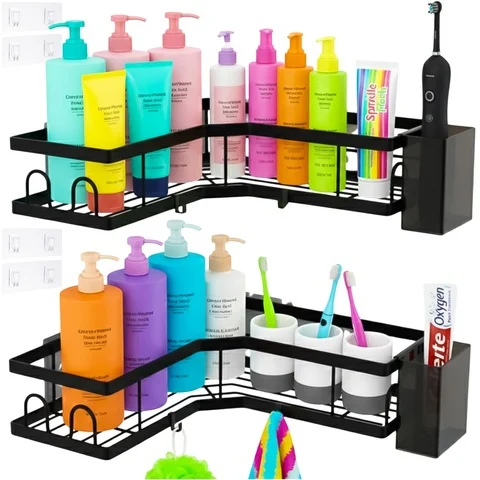 Set 4 rafturi de colt autoadezive pentru baie si bucatarie, suport metalic cu carlige si recipient detasabil, 24.8 x 24.8 x 5 cm, negru [4]