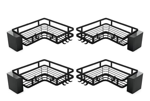 Diverse baie - Set 4 rafturi de colt autoadezive pentru baie si bucatarie, suport metalic cu carlige si recipient detasabil, 24.8 x 24.8 x 5 cm, negru