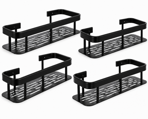 Set 4 rafturi suspendate pentru baie, metal, montare pe perete, 30 x 13 x 4,7 cm fiecare, capacitate 10 kg/raft, negre [2]