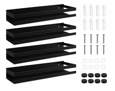 Set 4 Rafturi Suspendate pentru Baie si Bucatarie, Otel Inoxidabil, Capacitate 10 kg fiecare, 50 x 10.5 x 6 cm, Negru [1]