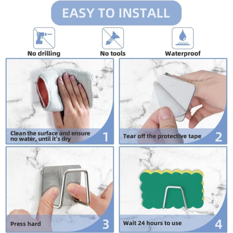 Set 4 suporturi autoadezive pentru burete, 2 negre si 2 argintii, inox rezistent la apa, montare cu adeziv 3M, organizator chiuveta cu drenaj rapid [10]