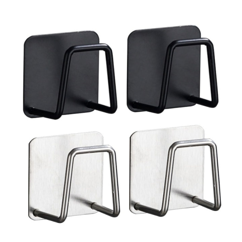 CASA & GRADINA - Set 4 suporturi autoadezive pentru burete, 2 negre si 2 argintii, inox rezistent la apa, montare cu adeziv 3M, organizator chiuveta cu drenaj rapid