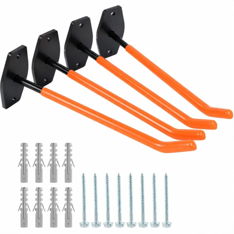 Diverse Unelte - Set 4 suporturi pentru depozitare scule, anvelope, jante, biciclete, otel/PVC, montare pe perete, greutate suportata 40 kg, negru/portocaliu