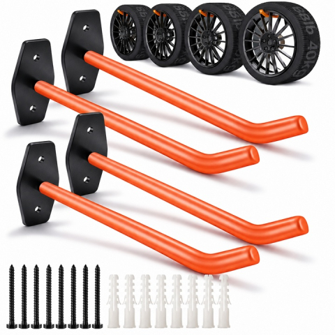 Set 4 suporturi pentru depozitare scule, anvelope, jante, biciclete, otel/PVC, montare pe perete, greutate suportata 40 kg, negru/portocaliu [8]