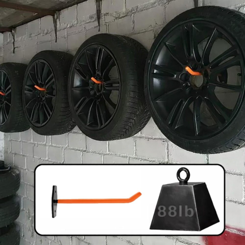 Set 4 suporturi pentru depozitare scule, anvelope, jante, biciclete, otel/PVC, montare pe perete, greutate suportata 40 kg, negru/portocaliu [16]