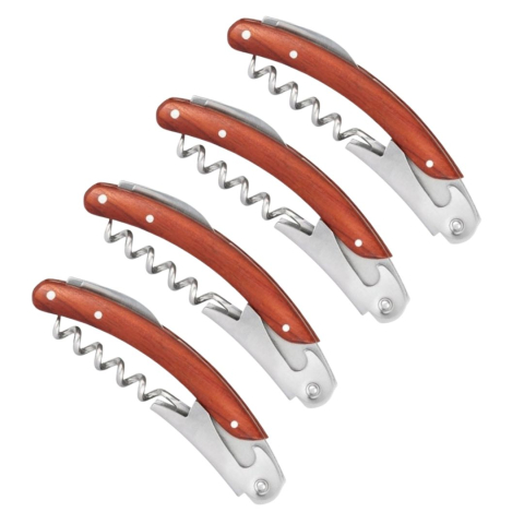 CASA & GRADINA - Set 4 tirbusoane multifunctionale inox si lemn, deschizator vin bere si cutit folie, 11 cm