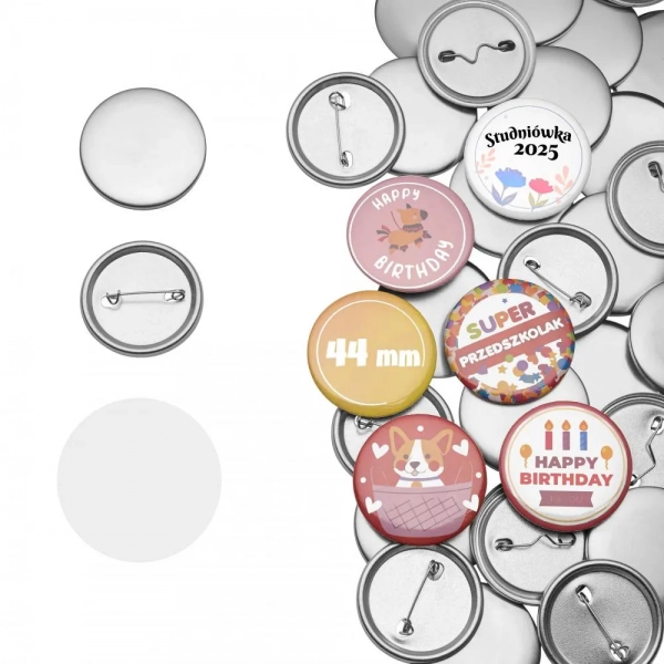 Insigne - Set 400 componente pentru insigne personalizate 44 mm, blank-uri metalice cu ac de siguranta si folie transparenta, compatibile cu presa de insigne