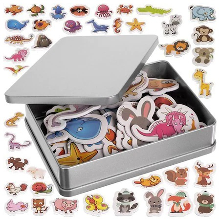 Set 42 magneti de frigider cu diverse animale pentru copii,cutie de depozitare metalica - Multicolor [1]