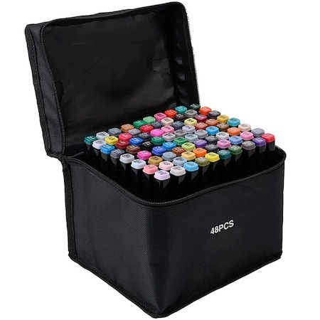 Set pictură și desen - Set de 48 markere colorate,1 varf rotund subtire,1 varf inclinat gros,geanta depozitare inclusa