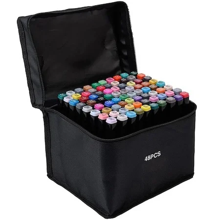 JOCURI ȘI JUCĂRII - Set 48 markere colorate cu doua capete, varf fin 1 mm si tesit 3-6 mm, suport organizator compartimentat si geanta