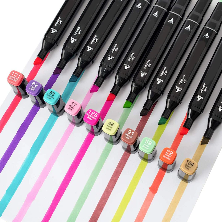 Set 48 markere colorate cu doua capete, varf fin 1 mm si tesit 3-6 mm, suport organizator compartimentat si geanta [6]