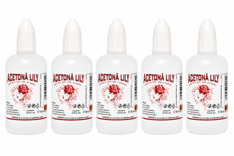 Ojă și Lac unghii - Set 5 Acetone Lily cu picurator pentru indepartarea ojei si curatarea unghiilor, flacon plastic, 50 ml fiecare