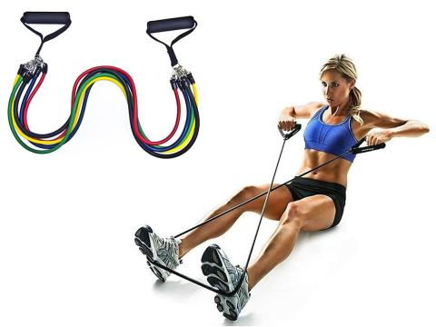 Set 5 benzi elastice fitness cu rezistenta, extensibile, cu manere, antrenament forta, acasa, sala, multicolor [9]
