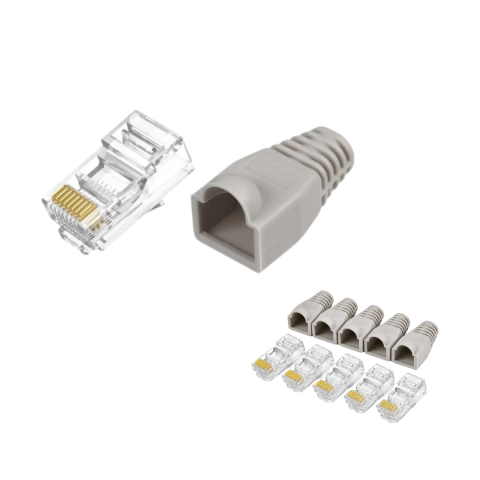 Set 5 bucati conectori retea RJ45 Cat6e ecranati EZ pass through cu pini placati cu aur si 5 bucati mansoane protectie RJ45 pentru cablu UTP sau FTP [1]