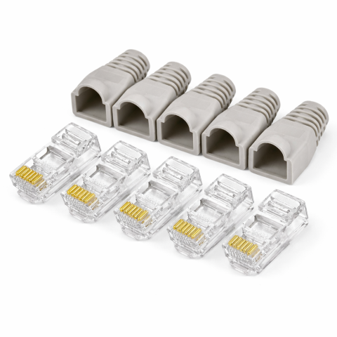 CASA & GRADINA - Set 5 bucati conectori retea RJ45 Cat6e ecranati EZ pass through cu pini placati cu aur si 5 bucati mansoane protectie RJ45 pentru cablu UTP sau FTP