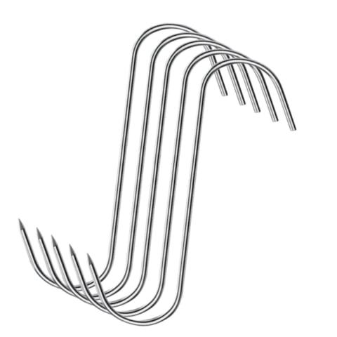 Diverse bucatarie - Set 5 carlige pentru afumatoare, argintii 13.5 cm, grosime 3 mm, otel inoxidabil curbat in S cu varf pentru perforare, pentru suspendarea preparatelor din carne