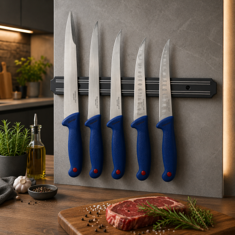 Set 5 cutite bucatar Chef macelarie cu suport magnetic otel inoxidabil 38 cm filetat injunghiat maner albastru [1]