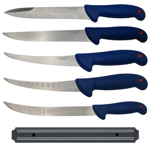 CASA & GRADINA - Set 5 cutite bucatar Chef macelarie cu suport magnetic otel inoxidabil 38 cm filetat injunghiat maner albastru