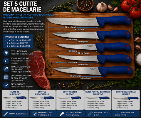 Set 5 cutite bucatar Chef macelarie otel inoxidabil 38 cm filetat injunghiat maner albastru profesional uz intensiv [20]