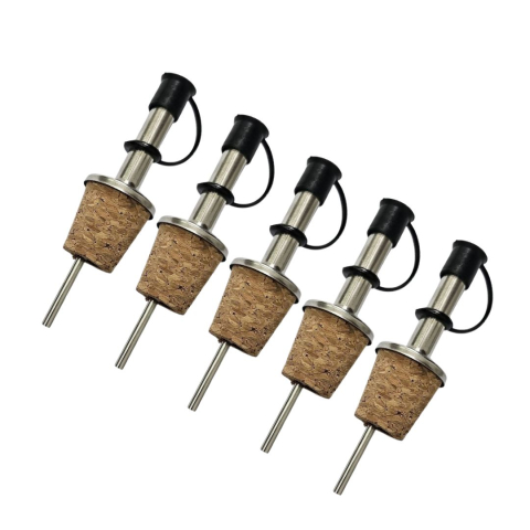 CASA & GRADINA - Set 5 dozatoare profesionale pentru sticle, 9.2 x 2.3 cm fiecare, inox, dop din pluta naturala, capac protector din silicon, dozare uniforma pentru bauturi si cocktailuri