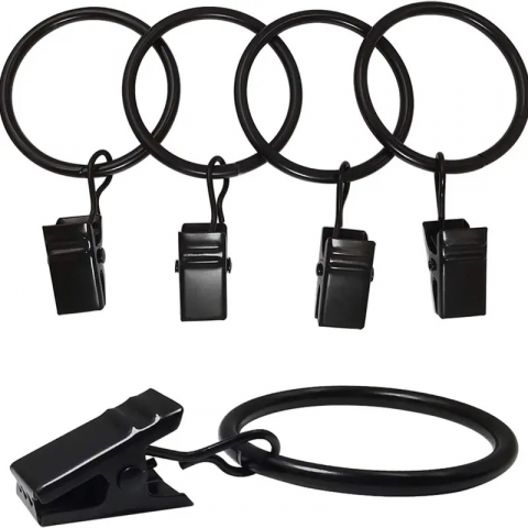 Intretinere casa - Set 5 inele metalice cu clema de agatat pentru perdele, draperii, diametru 22 mm - Negru