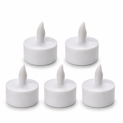 Set 5 lumanari decorative LED albe 4.1 x 3.9 cm, iluminare galbena, efect flacara, 15 baterii LR41 AG3 incluse, pentru decor mese, sarbatori si evenimente