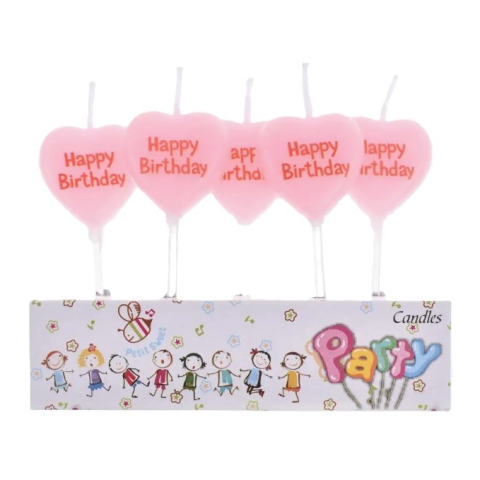 CASA & GRADINA - Set 5 Lumanari Decorative pentru Tort, Model Inima cu Mesaj Happy Birthday, din Ceara, 2.5 x 2.5 cm, Roz, Accesorii pentru Aniversare