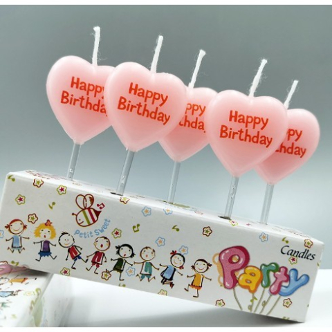 Set 5 Lumanari Decorative pentru Tort, Model Inima cu Mesaj Happy Birthday, din Ceara, 2.5 x 2.5 cm, Roz, Accesorii pentru Aniversare [1]