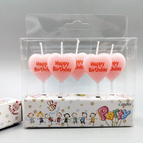 Set 5 Lumanari Decorative pentru Tort, Model Inima cu Mesaj Happy Birthday, din Ceara, 2.5 x 2.5 cm, Roz, Accesorii pentru Aniversare [2]