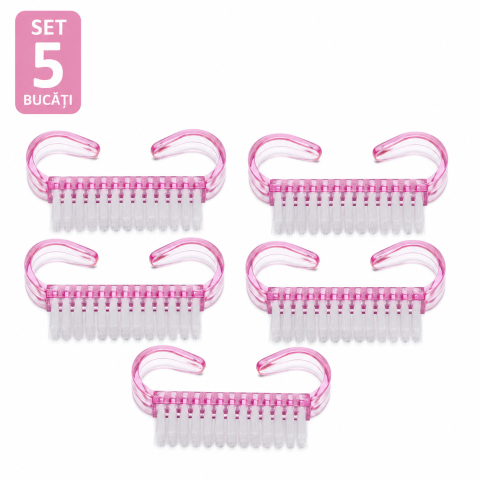 Ustensile îngrijire unghii - Set 5 Perii pentru Curatarea Unghiilor, Peri Moi si Rezistenti, Design Ergonomic cu Prindere Dubla, 6.5 x 3.2 x 1.5 cm, Roz Transparent