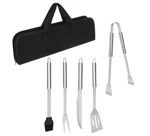 Set 5 ustensile pentru gratar din otel inoxidabil cu manere ergonomice, accesorii BBQ cu pensula silicon si husa pentru transport, 0.757 kg