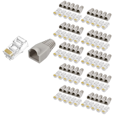 CASA & GRADINA - Set 50 bucati conectori retea RJ45 Cat6e ecranati EZ pass through cu pini placati cu aur si 50 bucati mansoane protectie RJ45 pentru cablu UTP sau FTP