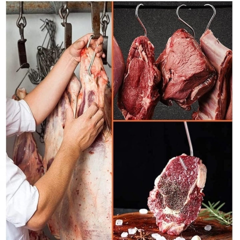 Set 50 carlige pentru afumatoare si carne, argintii 14.5 cm, grosime 2.8 mm, inox rezistent tip S cu capat ascutit, reutilizabile pentru macelarie si uscare [3]