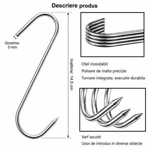 Set 50 carlige pentru procesare in afumatoare, argintii 14.5 cm, grosime 3 mm, otel inoxidabil forma S cu varf penetrant, pentru agatarea preparatelor din carne [1]